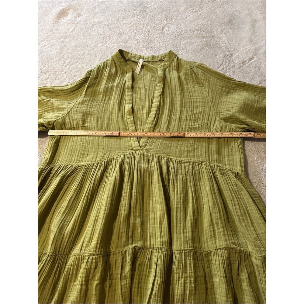 Anthropologie 2X Olive Green Cotton Gauze Tiered Midi Dress V Neck - Picture 8 of 9